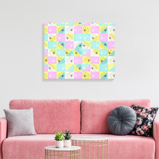 Bloemen retro 70s pastel dambord roze blauwgroen canvas afdruk (Insitu (Woonkamer))