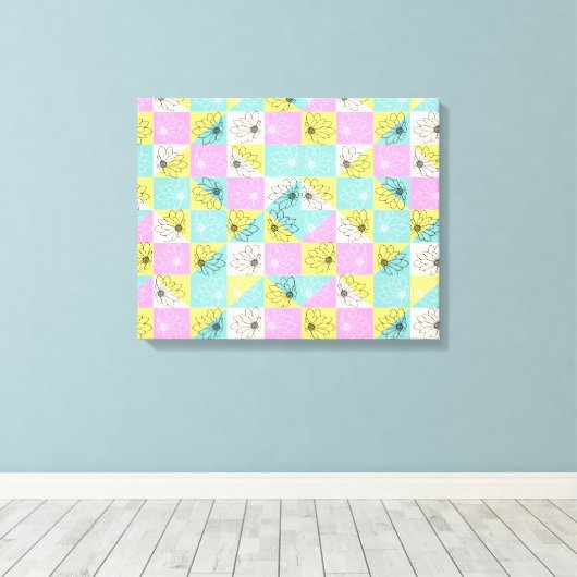 Bloemen retro 70s pastel dambord roze blauwgroen canvas afdruk (Insitu (Houten vloer))