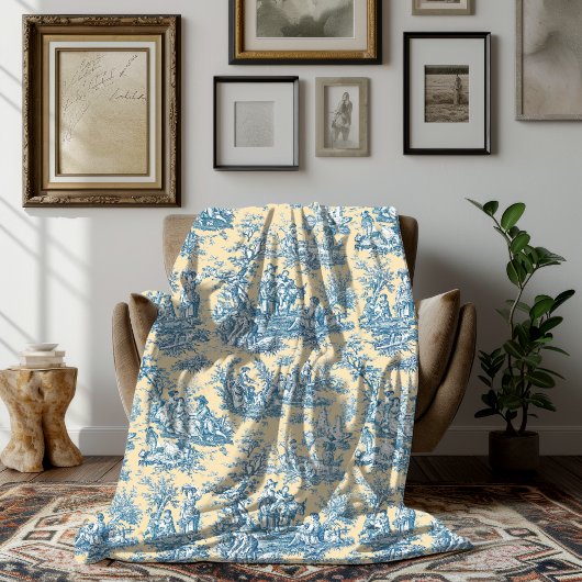 bloemen retro blauw geel toile de jouy fleece deken
