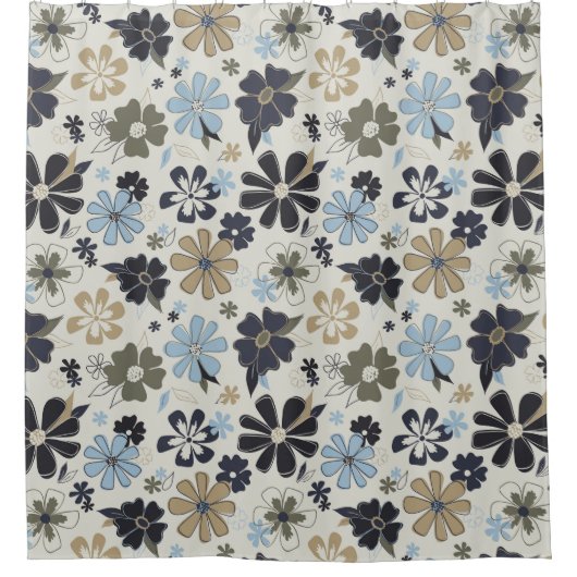 Bloemen Retro blauw patroon Douchegordijn (Voorkant)