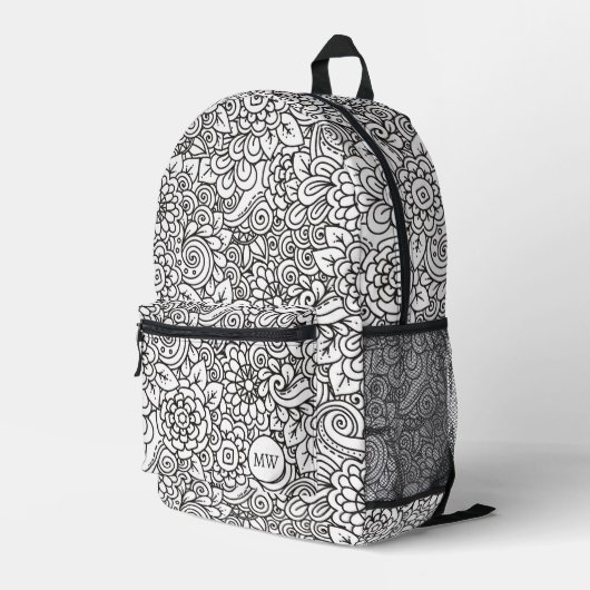 Bloemen Retro Doodle Bedrukte Rugzak (Achterkant Hoek Rechts)