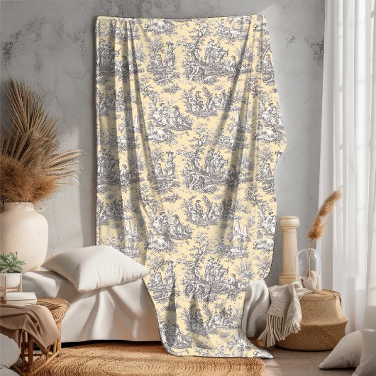  bloemen retro geel grijs toile de jouy fle fleece deken