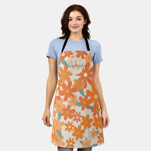 Bloemen Retro Groovy Oranje Monogram Naam Schort (Gedragen)