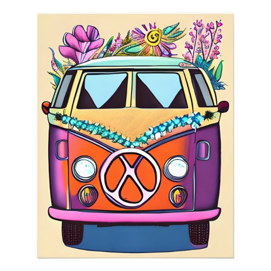 Bloemen Retro Hippie Van  Kunst Foto Afdruk (Voorkant)
