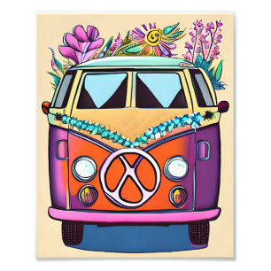 Bloemen Retro Hippie Van  Kunst Foto Afdruk