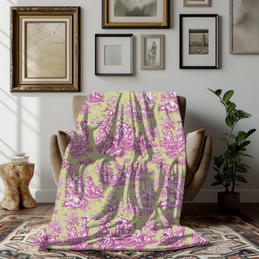 Bloemen Retro Roze Groen Toile de Jouy Fle Fleece Deken