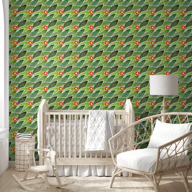 Bloemen Retro Schattige Daisy Groen Vrolijk Groovy Behang (Kinderen)
