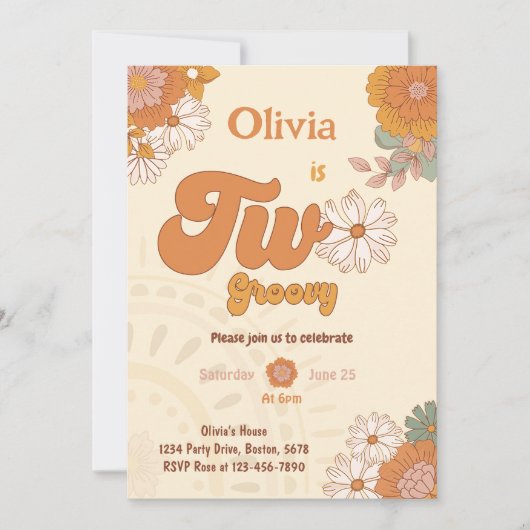 Bloemen Retro Twee Groovy 2e Verjaardag uitnodigin Kaart (Voorkant)