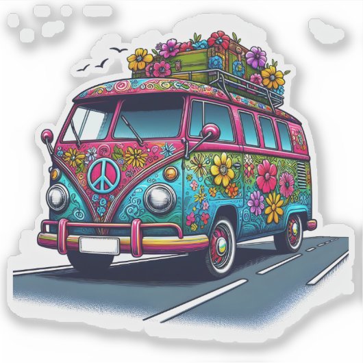 Bloemen Retro Van op de weg Sticker (Voorkant)