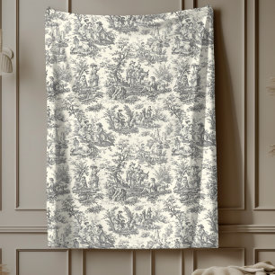  Bloemen Retro Zwart Toile de Jouy FLE Fleece Deken