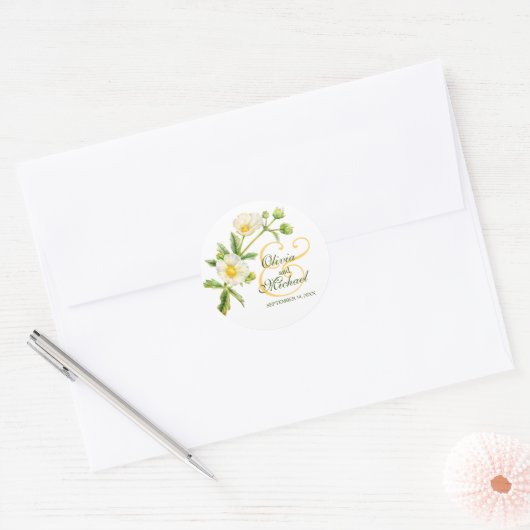 Bloemen rockrose wit goud groen bruiloft sticker (Envelop)