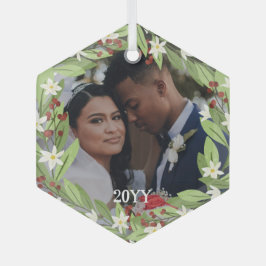 Bloemen rode bessen groen krans foto glas ornament