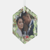 Bloemen rode bessen groen krans foto glas ornament (Voorkant links)