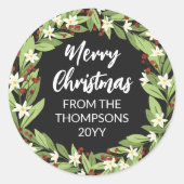 Bloemen Rode bessen groen krans vrolijk kerstfeest Ronde Sticker (Voorkant)