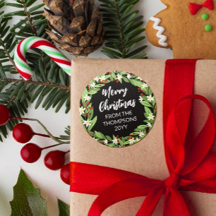 Bloemen Rode bessen groen krans vrolijk kerstfeest Ronde Sticker