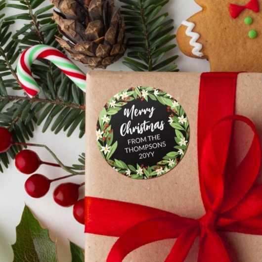 Bloemen Rode bessen groen krans vrolijk kerstfeest Ronde Sticker