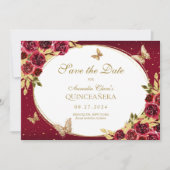 Bloemen Rode Gouden Vlinder Quinceanera Aankondigi Save The Date (Voorkant)