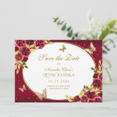 Bloemen Rode Gouden Vlinder Quinceanera Aankondigi Save The Date (Staand voorkant)