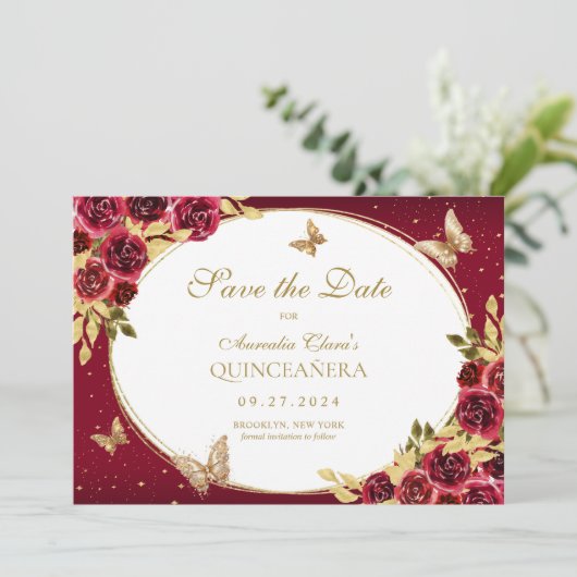 Bloemen Rode Gouden Vlinder Quinceanera Aankondigi Save The Date (Staand voorkant)
