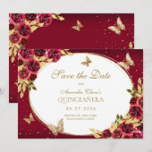 Bloemen Rode Gouden Vlinder Quinceanera Aankondigi Save The Date (Voorkant / Achterkant)