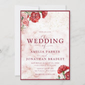 Bloemen Rode Marmeren Script Overlay bruiloft uitn Kaart (Voorkant)