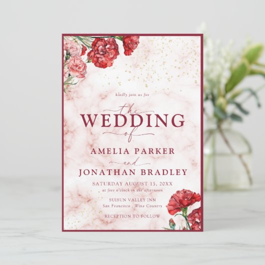 Bloemen Rode Marmeren Script Overlay bruiloft uitn Kaart (Staand voorkant)