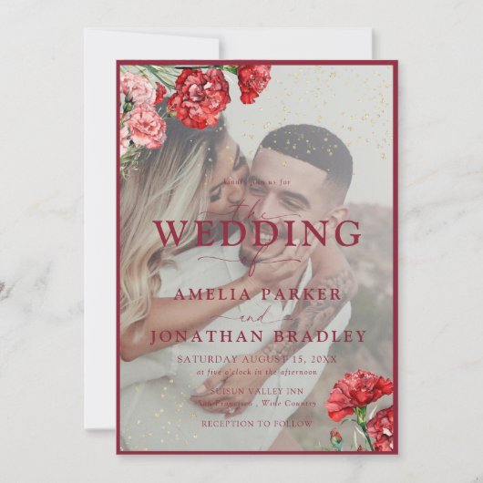 Bloemen Rode Marmeren Script Overlay bruiloft uitn Kaart (Voorkant)