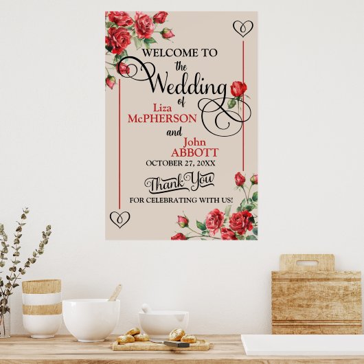 Bloemen Rode Rozen Huwelijk Welkomstbord Poster (Keuken)