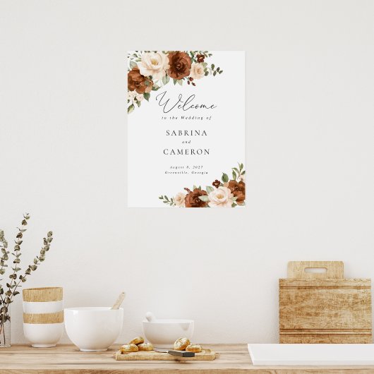Bloemen Roest Peach Groene Huwelijks Welkom Bord Poster (Keuken)