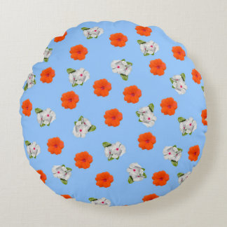 Bloemen Romance (blauwe achtergrond) Rond Kussen