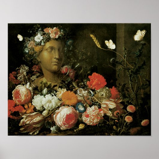 Bloemen rond een klassieke buste poster (Voorkant)