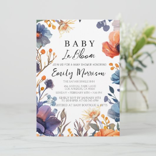 Bloemen rood en blauw Baby shower Kaart (Staand voorkant)