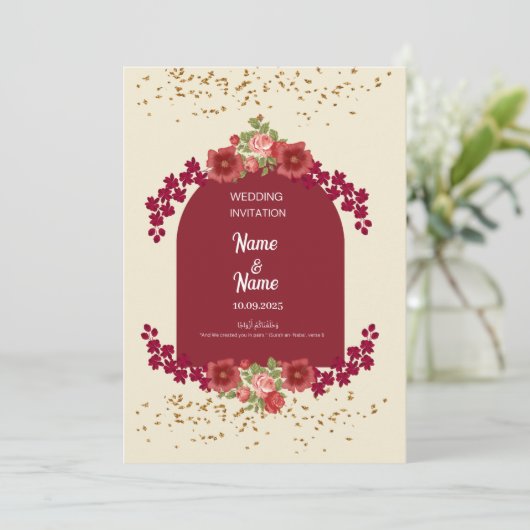 Bloemen rood en crème bruiloft uitnodiging (Staand voorkant)