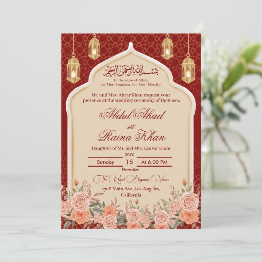 Bloemen Rood en Goud Islamitisch Moslim Bruiloft Kaart (Staand voorkant)