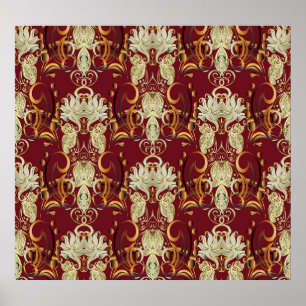 Bloemen rood-goud, luxueus patroon. poster