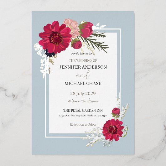 Bloemen rood groen bruids bruiloft folie uitnodiging (Voorkant)