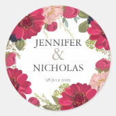 Bloemen rood groen bruids bruiloft ronde sticker (Voorkant)