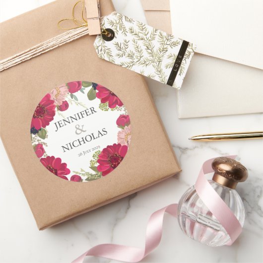 Bloemen rood groen bruids bruiloft ronde sticker (Geschenken)