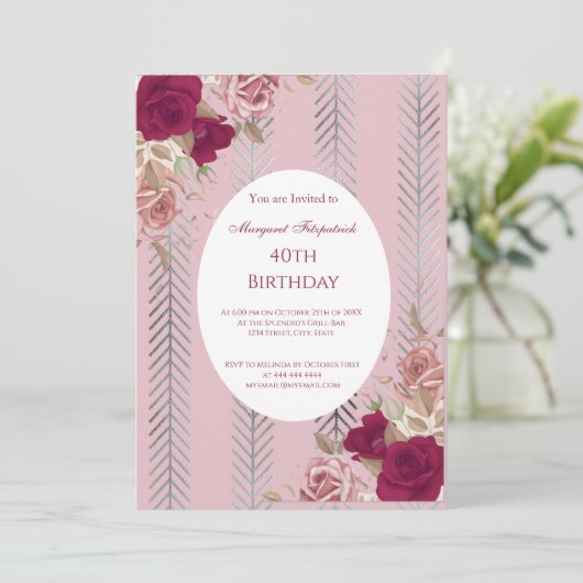Bloemen Rood Roze Rozen Verjaardagsfeest Uitnodigi Kaart (Staand voorkant)
