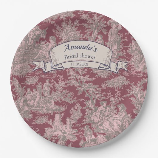  Bloemen Rood Roze Toile de Jouy Douche Papieren Bordje (Voorkant)