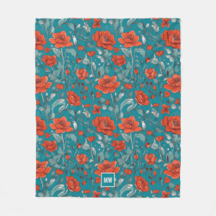 Bloemen, rood sinaasappel, klaprozen blauwgroen in fleece deken