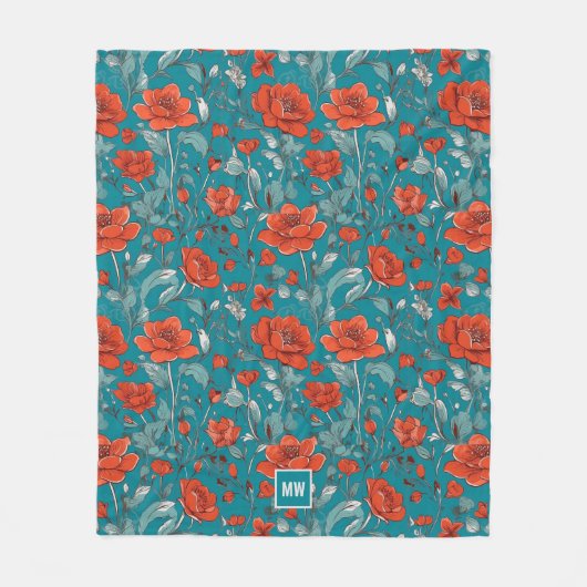 Bloemen, rood sinaasappel, klaprozen blauwgroen in fleece deken (Voorkant)