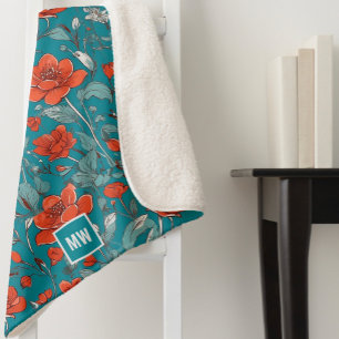 Bloemen, rood sinaasappel, klaprozen blauwgroen in sherpa deken