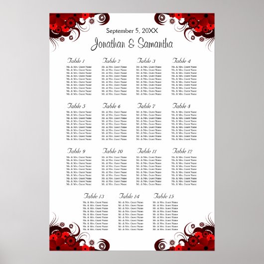 Bloemen Rood & Wit 15 Tafels Zitlijsten Poster (Voorkant)