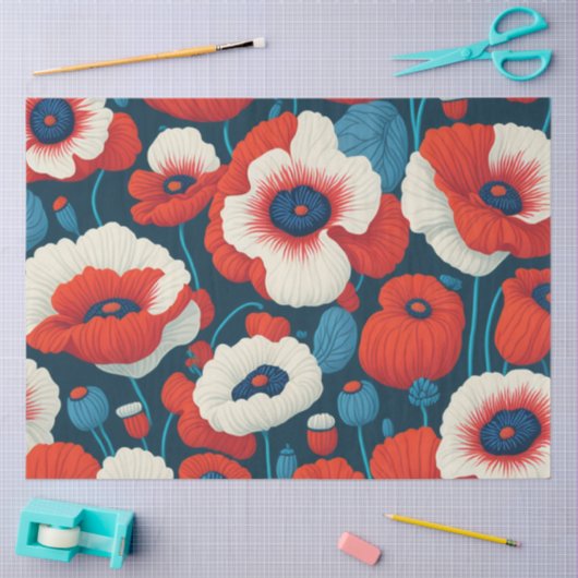 Bloemen Rood, Wit, Blauwe Poppies Decoupage Tissuepapier (Craft)