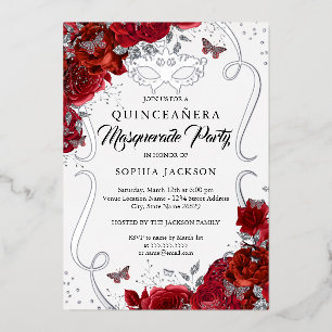 Bloemen Rood Zilveren Scroll Masquerade Quinceaner Folie Uitnodiging