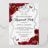 Bloemen Rood Zilveren Scroll Masquerade Quinceaner Folie Uitnodiging (Voorkant)