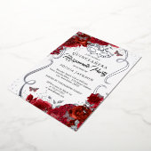 Bloemen Rood Zilveren Scroll Masquerade Quinceaner Folie Uitnodiging (Gedraaid)