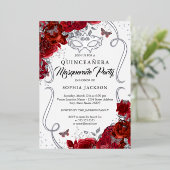 Bloemen Rood Zilveren Scroll Masquerade Quinceaner Folie Uitnodiging (Staand Voorkant)