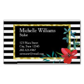 Bloemen Rood Zwart Wit Strepen Gouden Rand Visitekaartje Magneet (Voorkant)